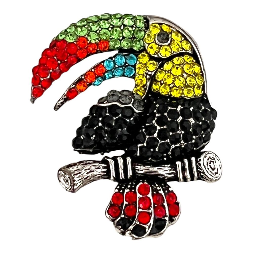 Vintage 1980s Toucan Brooch Pendant Rhinestone Figural Silver Tone - 11Y
